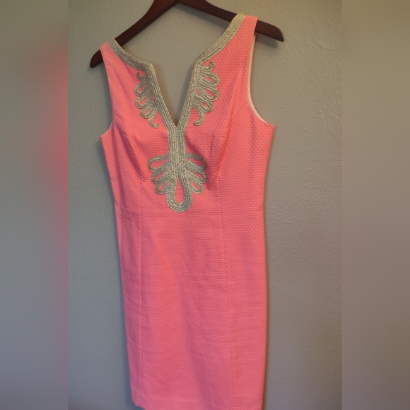 Lilly Pulitzer Janice Shift Dress Coral Reef Pink with Metallic Gold Embroidery. - Picture 5 of 13